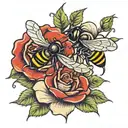 Bees and a red rose intertwined tattoo design idea