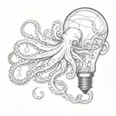 octopus emerging from broken glass of a light bulb tattoo design idea