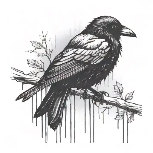 A haunting image of a lone crow perched on a branch in the rain, symbolizing solitude and melancholy tattoo design idea