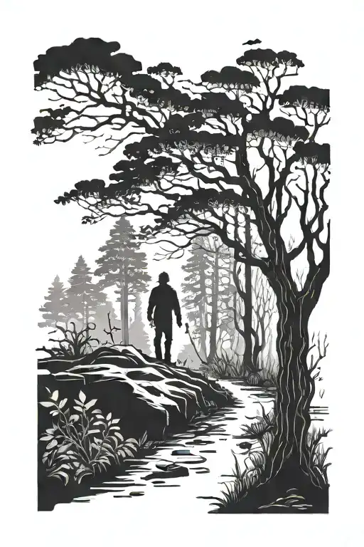 A surreal depiction of a person wandering through a dark forest, embodying feelings of being lost and alone tattoo design idea