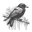 A haunting image of a lone crow perched on a branch in the rain, symbolizing solitude and melancholy tattoo design idea