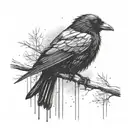A haunting image of a lone crow perched on a branch in the rain, symbolizing solitude and melancholy tattoo design idea