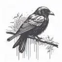 A haunting image of a lone crow perched on a branch in the rain, symbolizing solitude and melancholy tattoo design idea
