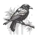 A haunting image of a lone crow perched on a branch in the rain, symbolizing solitude and melancholy tattoo design idea
