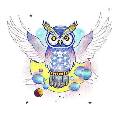 An owl with its wings spread wide, surrounded by celestial objects like stars and planets, symbolizing the connection between clairvoyance and the vast universe. tattoo design idea