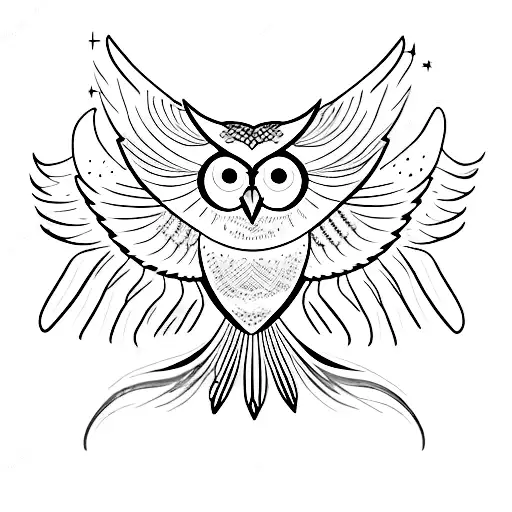 An owl with its wings spread wide, surrounded by celestial objects like stars and planets, symbolizing the connection between clairvoyance and the vast universe. tattoo design idea