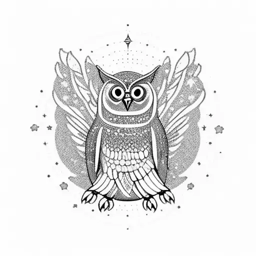 An owl with its wings spread wide, surrounded by celestial objects like stars and planets, symbolizing the connection between clairvoyance and the vast universe. tattoo design idea