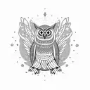 An owl with its wings spread wide, surrounded by celestial objects like stars and planets, symbolizing the connection between clairvoyance and the vast universe. tattoo design idea