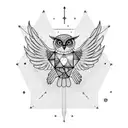 An owl with its wings spread wide, surrounded by celestial objects like stars and planets, symbolizing the connection between clairvoyance and the vast universe. tattoo design idea