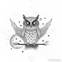 An owl with its wings spread wide, surrounded by celestial objects like stars and planets, symbolizing the connection between clairvoyance and the vast universe. tattoo design idea