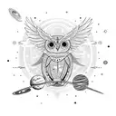 An owl with its wings spread wide, surrounded by celestial objects like stars and planets, symbolizing the connection between clairvoyance and the vast universe. tattoo design idea