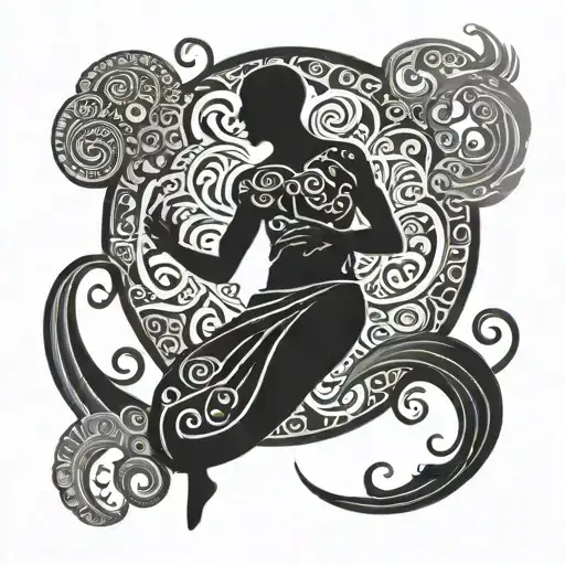 An adult entertainer silhouette surrounded by bohemian patterns and ocean waves in black-grey style tattoo design idea