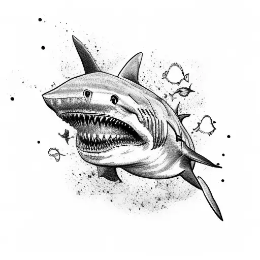 A shark crushing a human skull with a lot of blood on the face and blind of one eye tattoo design idea