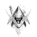 A gore shark with touches of blackwork, eating a human skull crushing it tattoo design idea