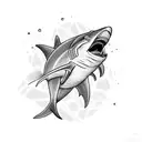 A gore shark with touches of blackwork, eating a human skull crushing it tattoo design idea