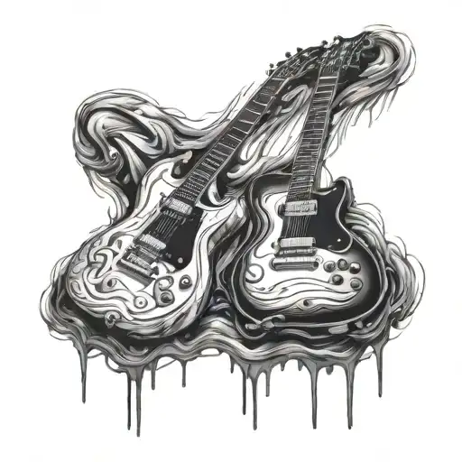 A contemporary art gallery scene with guitars as the main exhibit tattoo design idea