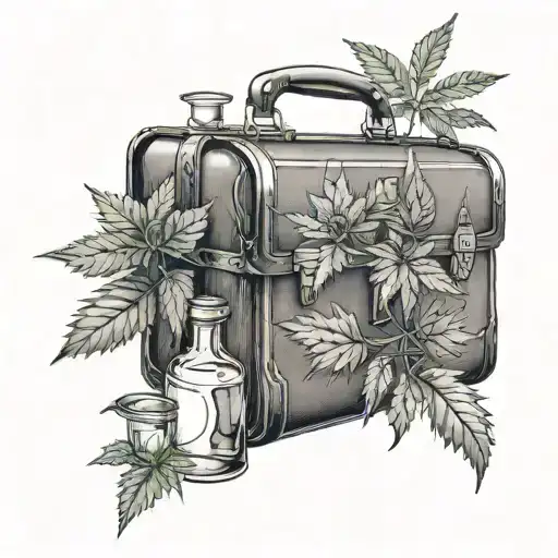A lawyer's briefcase with a hidden compartment revealing a hidden flask and marijuana plant inside tattoo design idea