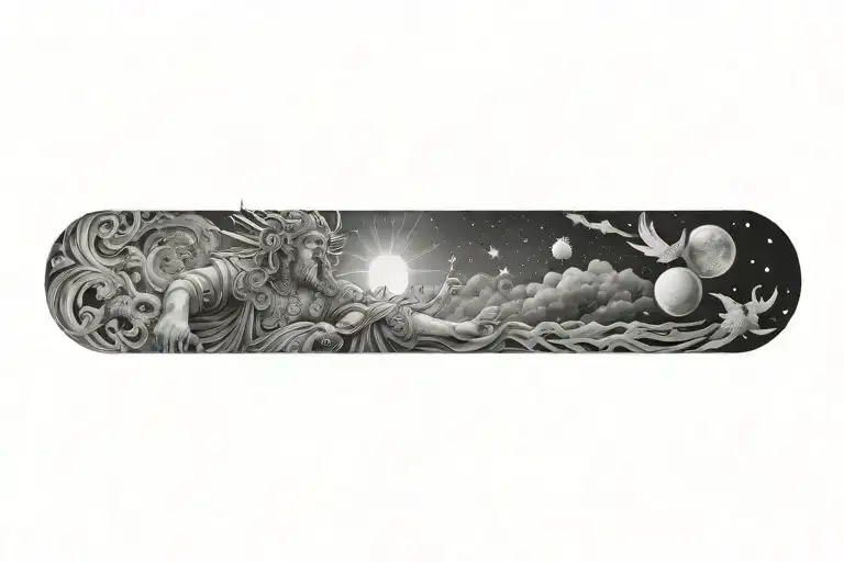 A celestial scene of the heavens with a god figure surrounded by symbols of love and peace tattoo design idea