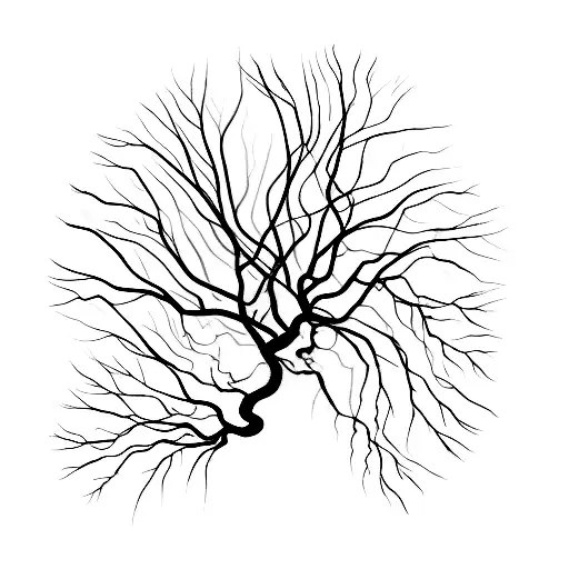 A dark and ethereal ghostly figure intertwining with the branches of a twisted tree tattoo design idea
