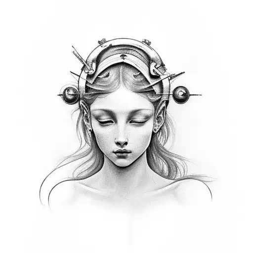  I want a black and grey design of a womans upper body from the waist based on the birth of venus but with her face look tattoo design idea