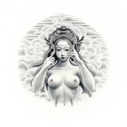  I want a black and grey design of a womans upper body from the waist based on the birth of venus but with her face look tattoo design idea