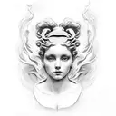  I want a black and grey design of a womans upper body from the waist based on the birth of venus but with her face look tattoo design idea