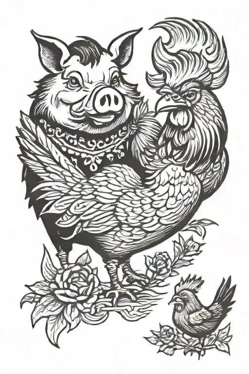 pig and rooster wearing tattoo design idea
