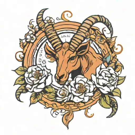 Capricorn and flowers tattoo design idea