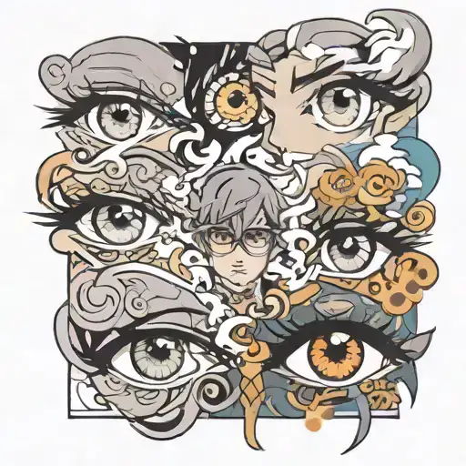 Eyes of popular anime characters in a collage with smoke tattoo design idea