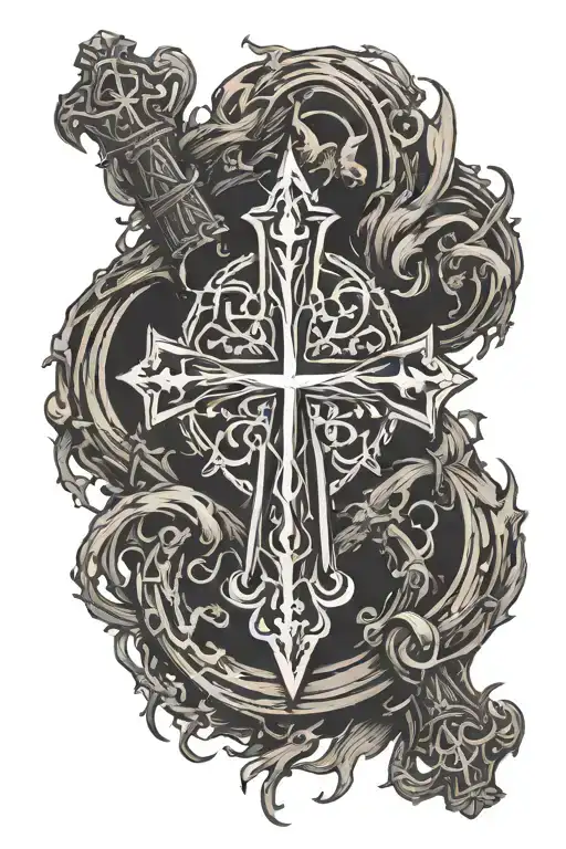the elden ring logo and the holy cross infused together tattoo design idea