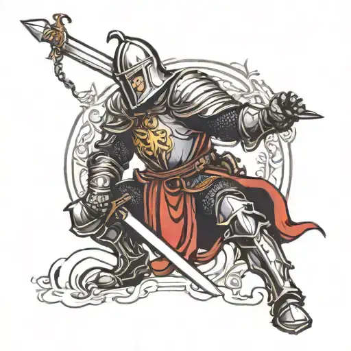 knight holdign sword kneeling tattoo design idea