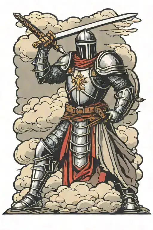 crusader knight holding sword kneeling with clouds in background   tattoo design idea