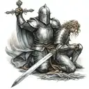 knight holdign sword kneeling to angel tattoo design idea
