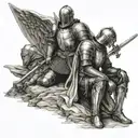 knight holdign sword kneeling to angel tattoo design idea