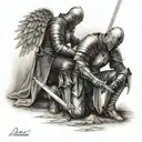 knight holdign sword kneeling to angel tattoo design idea