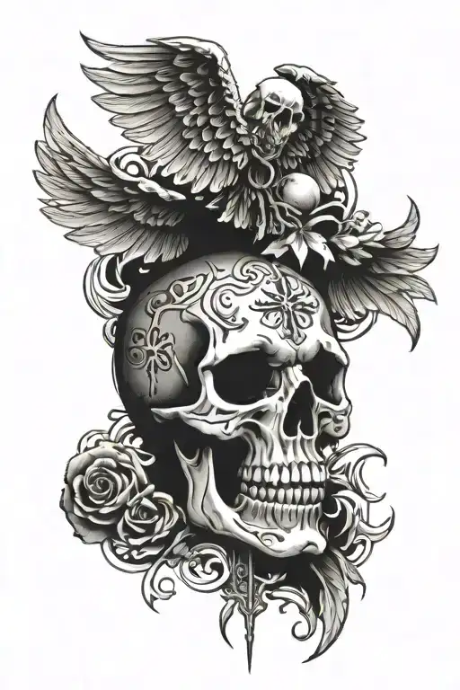 crhist cross with wings spread wide and frfc 1908 skull tattoo design idea