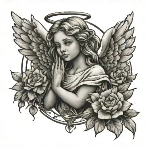 Draw me a guardian angel tattoo with lines in a modern style. The little angel could be a child.  To make the angel stan tattoo design idea