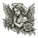 Draw me a guardian angel tattoo with lines in a modern style. The little angel could be a child.  To make the angel stan tattoo design idea