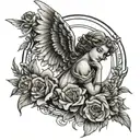 Draw me a guardian angel tattoo with lines in a modern style. The little angel could be a child.  To make the angel stan tattoo design idea