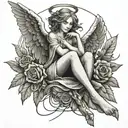 Draw me a guardian angel tattoo with lines in a modern style. The little angel could be a child.  To make the angel stan tattoo design idea