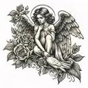 Draw me a guardian angel tattoo with lines in a modern style. The little angel could be a child.  To make the angel stan tattoo design idea