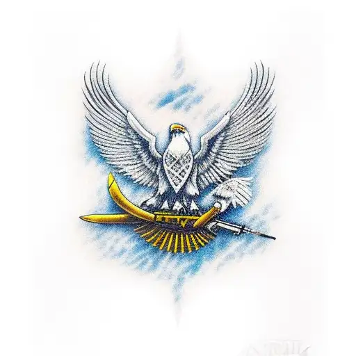 An intricately detailed AK47 rifle surrounded by a flock of soaring eagles tattoo design idea