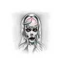 girl, ghost, Cut throat, face tattoo design idea