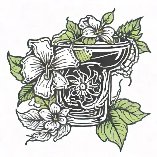 A new-school design of a margarita flower intertwined with pine needles tattoo design idea