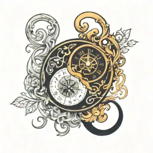 yin and yang inside a pendulum clock tattoo design idea