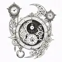 yin and yang inside a pendulum clock tattoo design idea