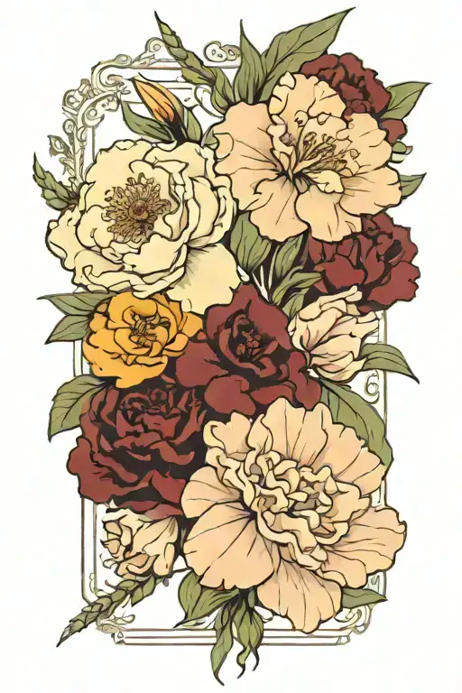 birth flower bouquet with marigold, a carnation, and a gladiolus tattoo design idea