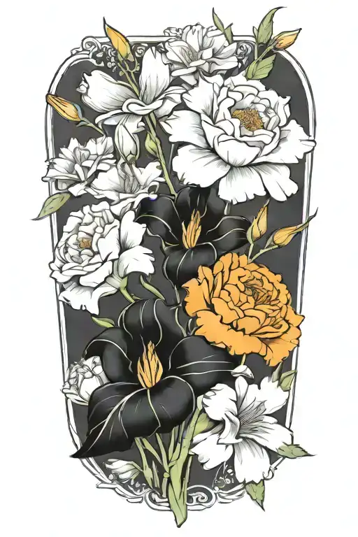3  birth flower bouquet with marigold, a carnation, and a gladiolus. tattoo design idea