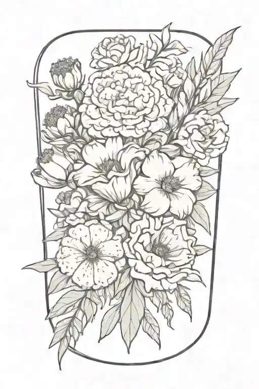 birth flower bouquet with marigold, a carnation, and a gladiolus tattoo design idea