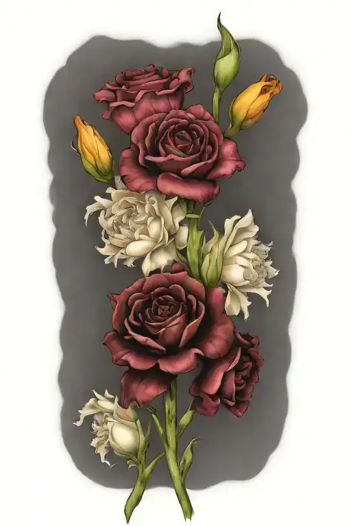 3  birth flower bouquet with marigold, a carnation, and a gladiolus. tattoo design idea